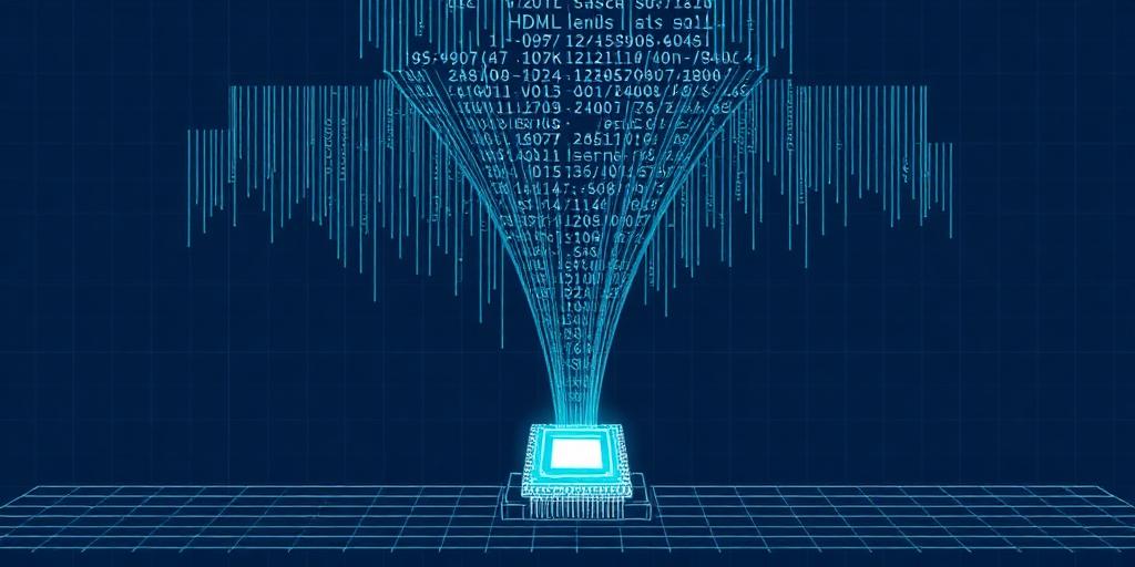 Verilog code streams descending onto a silicon chip die